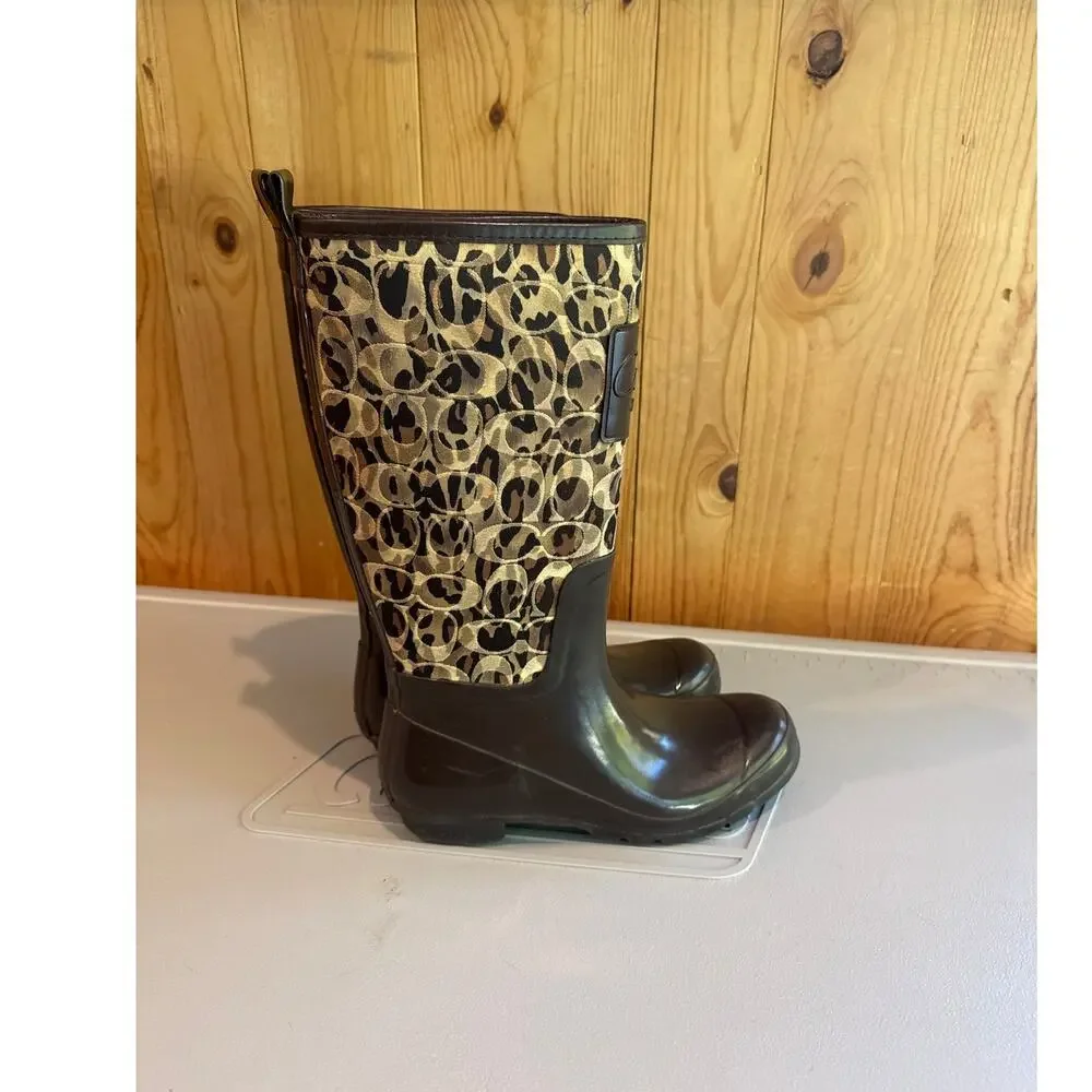 Coach Pearl Rain Boots Women's 7B Brown Leopard Signature C Logo A7513